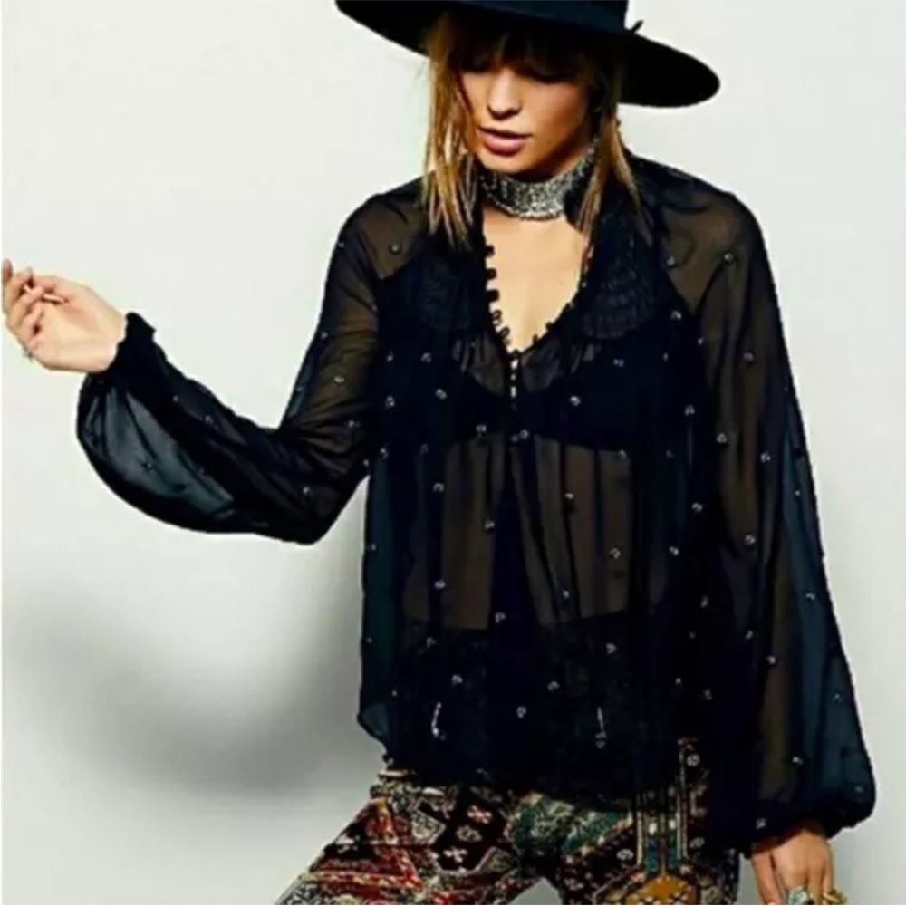 Free People Ready To Run Sheer Top Black Smocked XS Loose Flowy Shirt -No Ties-